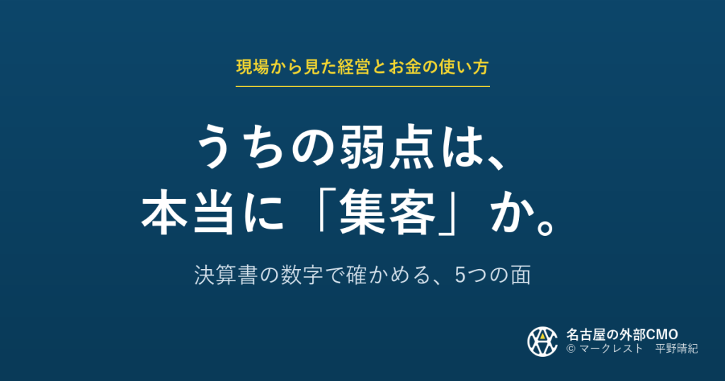 記事のアイキャッチ。紺色の背景に「うちの弱点は、本当に「集客」か。決算書の数字で確かめる、5つの面」という見出し。