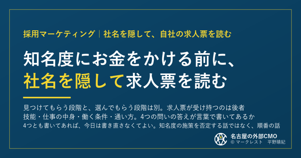 知名度にお金をかける前に、社名を隠して求人票を読む。見つけてもらう段階と、選んでもらう段階は別。技能・仕事の中身・働く条件・通い方の4つの問い