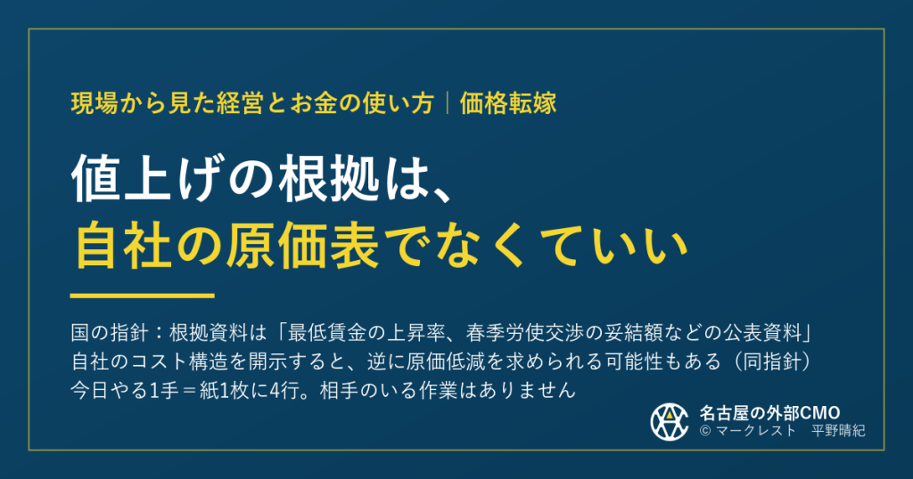 値上げの根拠は、自社の原価表でなくていい。国の指針は根拠資料を公表資料としている。