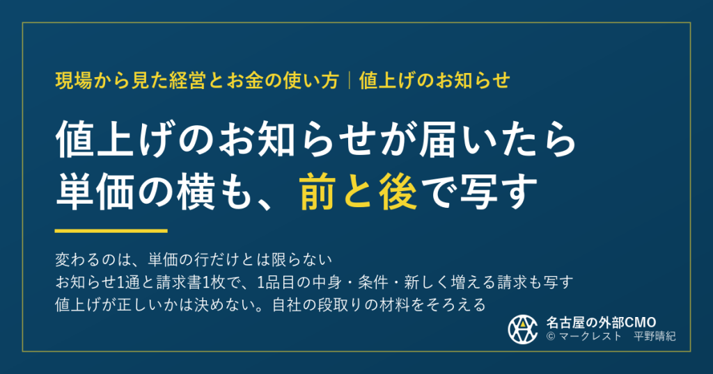値上げのお知らせが届いたら 単価の横も、前と後で写す